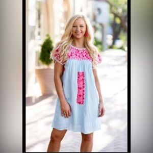 J Marie Light Blue Red Coral Embroidered dress Ruffle Shoulder Linen Blend small